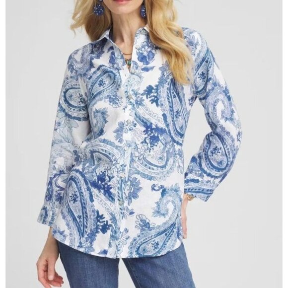 Chicos Womens 16 Blue No Iron Paisley Linen Shirt Long Sleeve Button Up Blouse - Picture 11 of 12